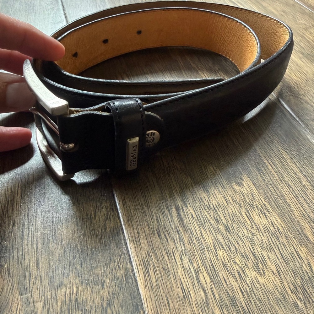 GP&Max Leather Belt Men Size115 Black Good Made in Italy Medusa Greek Key Buckle